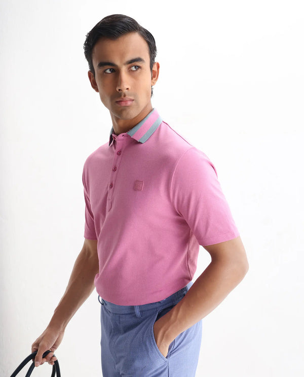 Rare Rabbit Men's Divide Light Purple Cotton Fabric Striped Collar Half Sleeves Polo T-Shirt