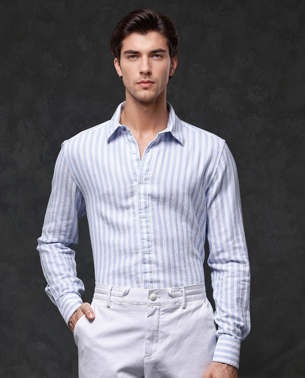 Rare Rabbit Mens Dopple Light Blue Full Sleeve Regular Collar Cotton Linen Blend Stripe Shirt