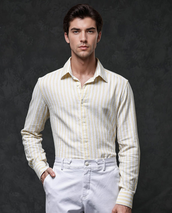 Rare Rabbit Mens Dopple Light Yellow Full Sleeve Regular Collar Cotton Linen Blend Stripe Shirt