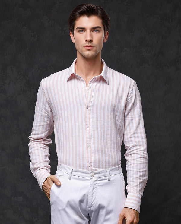 Rare Rabbit Mens Dopple Pastel Peach Full Sleeve Regular Collar Cotton Linen Blend Stripe Shirt