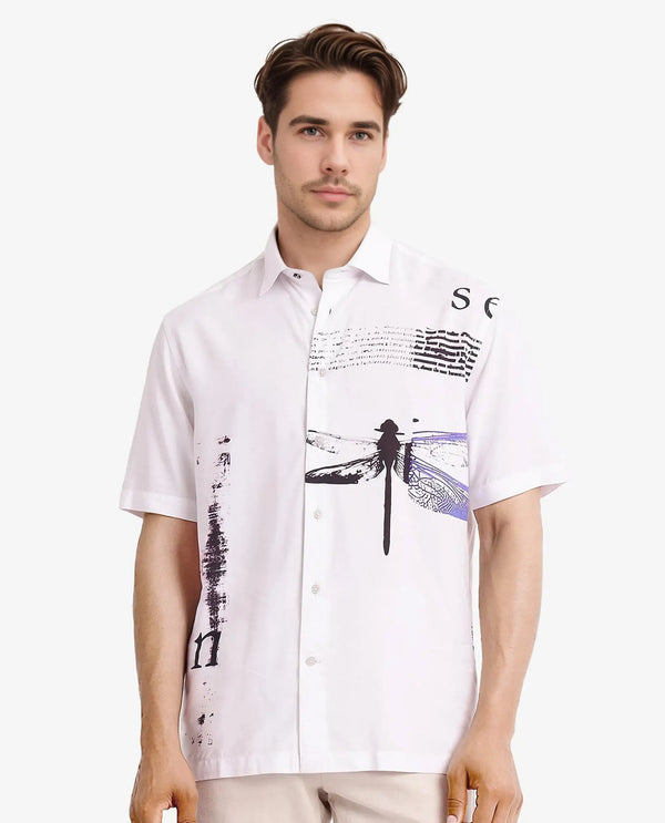 Rare Rabbit Men's Drago White Short Sleeve Boxy Fit Placement Printed Shirt
