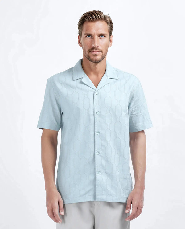 Rare Rabbit Men's Drew Light Blue Cotton Blend Fabric Half Sleeve Cuban Collar Relaxed Fit Plain Shirt
