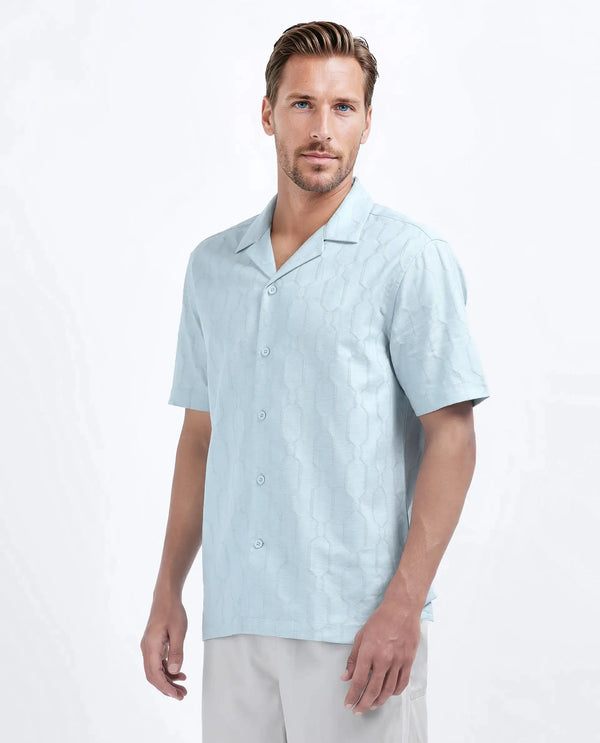 Rare Rabbit Men's Drew Light Blue Cotton Blend Fabric Half Sleeve Cuban Collar Relaxed Fit Plain Shirt