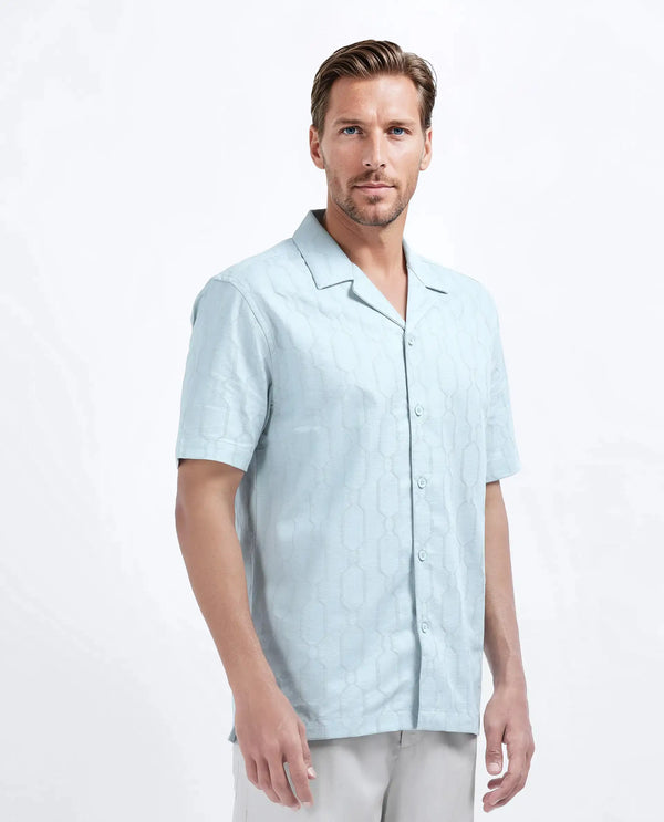 Rare Rabbit Men's Drew Light Blue Cotton Blend Fabric Half Sleeve Cuban Collar Relaxed Fit Plain Shirt