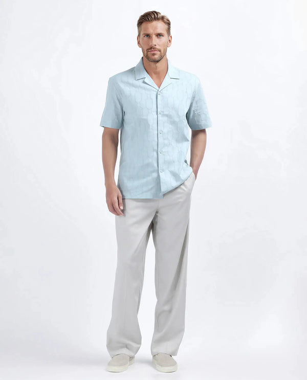Rare Rabbit Men's Drew Light Blue Cotton Blend Fabric Half Sleeve Cuban Collar Relaxed Fit Plain Shirt