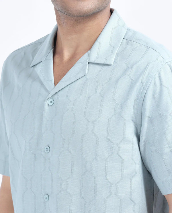 Rare Rabbit Men's Drew Light Blue Cotton Blend Fabric Half Sleeve Cuban Collar Relaxed Fit Plain Shirt