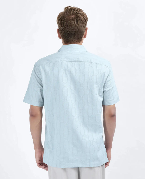 Rare Rabbit Men's Drew Light Blue Cotton Blend Fabric Half Sleeve Cuban Collar Relaxed Fit Plain Shirt