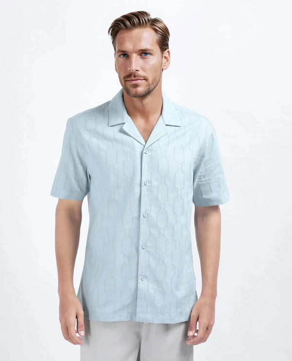 Rare Rabbit Men's Drew Light Blue Cotton Blend Fabric Half Sleeve Cuban Collar Relaxed Fit Plain Shirt