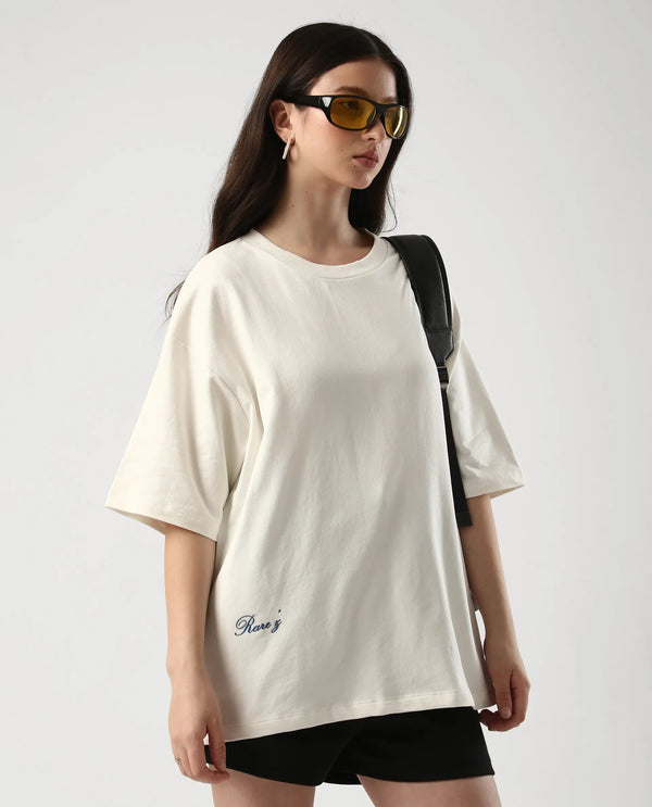 Rareism Women Droako Off White Pull On Closure Cotton Oversized Regular Graphic Print T-Shirt
