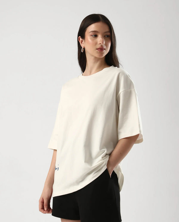Rareism Women Droako Off White Pull On Closure Cotton Oversized Regular Graphic Print T-Shirt