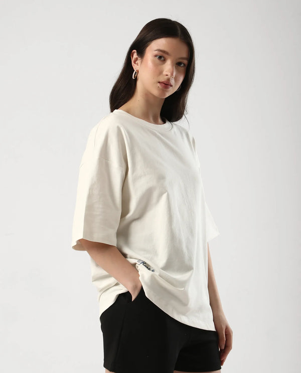 Rareism Women Droako Off White Pull On Closure Cotton Oversized Regular Graphic Print T-Shirt