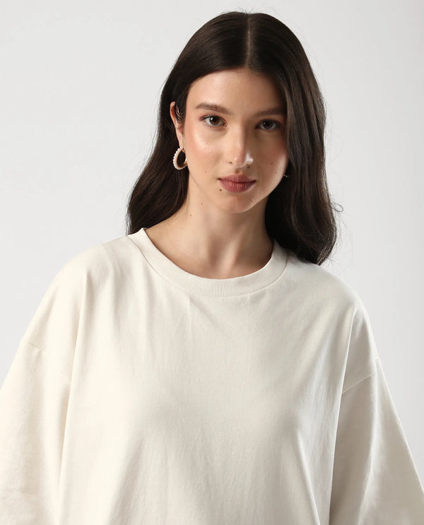 Rareism Women Droako Off White Pull On Closure Cotton Oversized Regular Graphic Print T-Shirt