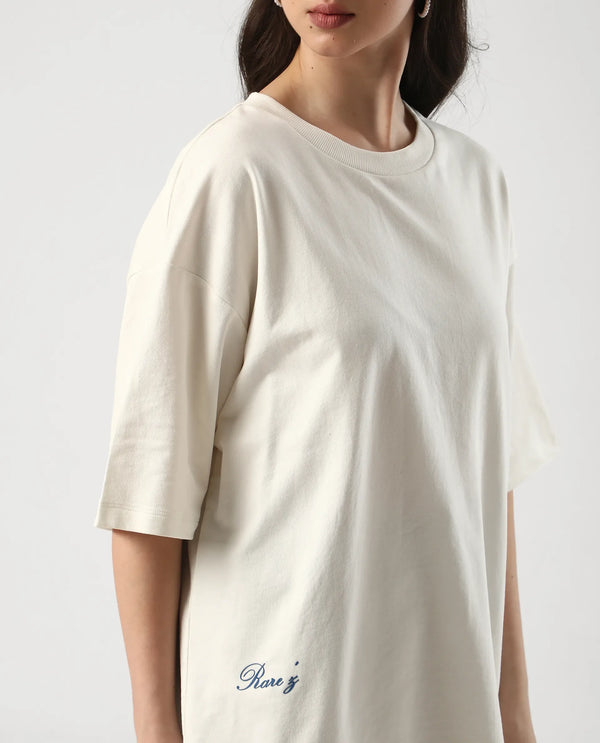 Rareism Women Droako Off White Pull On Closure Cotton Oversized Regular Graphic Print T-Shirt