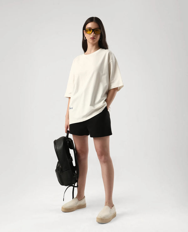 Rareism Women Droako Off White Pull On Closure Cotton Oversized Regular Graphic Print T-Shirt