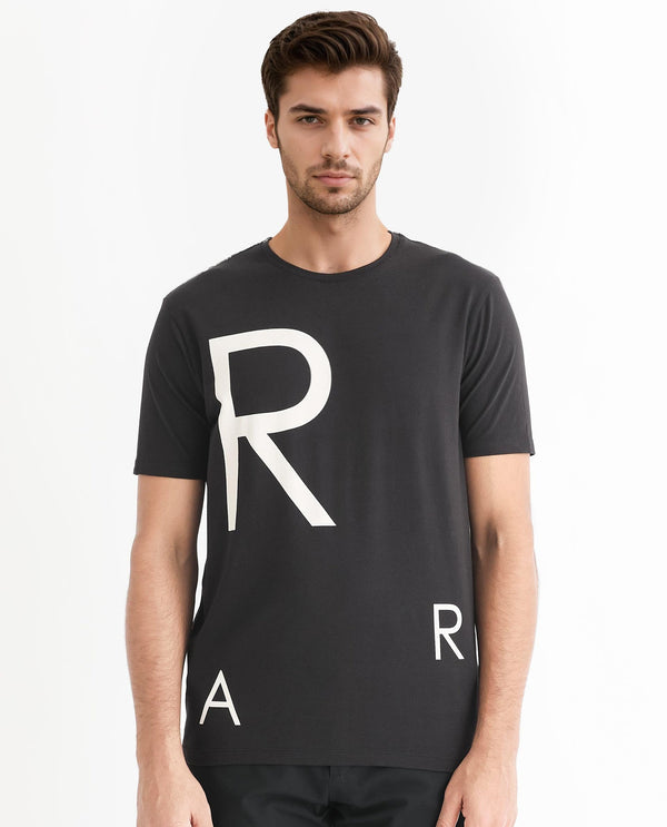 Rare Rabbit Men's Drover Black Crew Neck Overall Placement Print Branding Half Sleeves T-Shirt