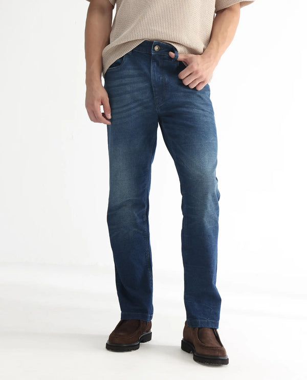 Rare Rabbit Men's Dunker Navy Mid-Rise Regular Fit Jeans