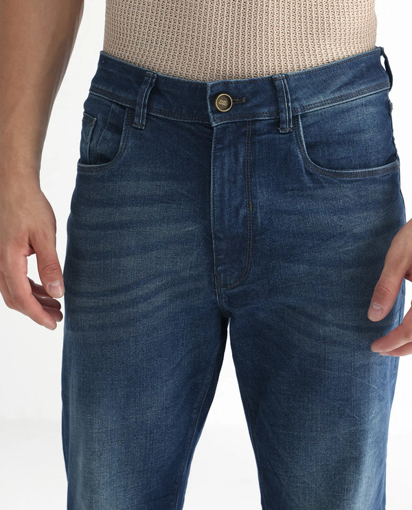 Rare Rabbit Men's Dunker Navy Mid-Rise Regular Fit Jeans
