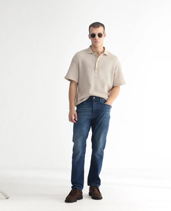 Rare Rabbit Men's Dunker Navy Mid-Rise Regular Fit Jeans