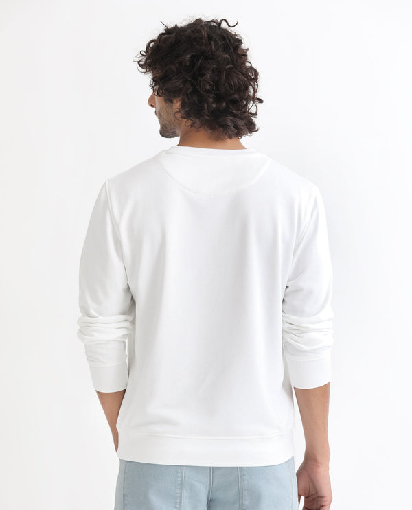 Rare Rabbit Men's Dunsto White Cotton Polyester Fabric Full Sleeves Graphic Print Knitted Sweatshirt