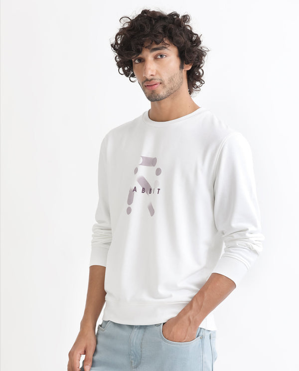 Rare Rabbit Men's Dunsto White Cotton Polyester Fabric Full Sleeves Graphic Print Knitted Sweatshirt