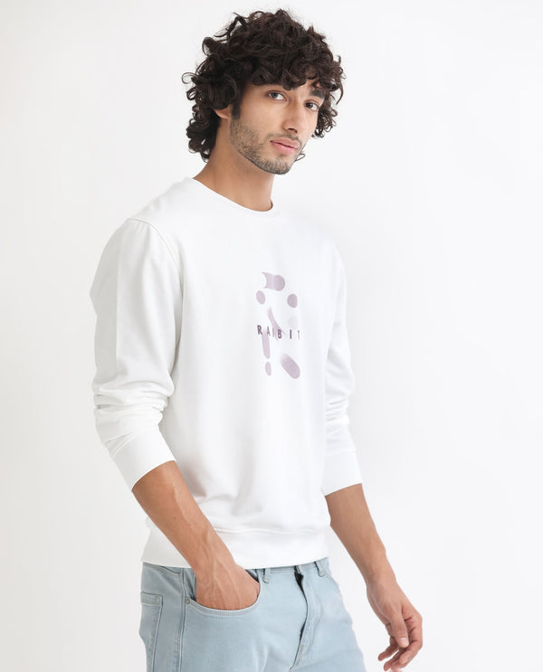 Rare Rabbit Men's Dunsto White Cotton Polyester Fabric Full Sleeves Graphic Print Knitted Sweatshirt