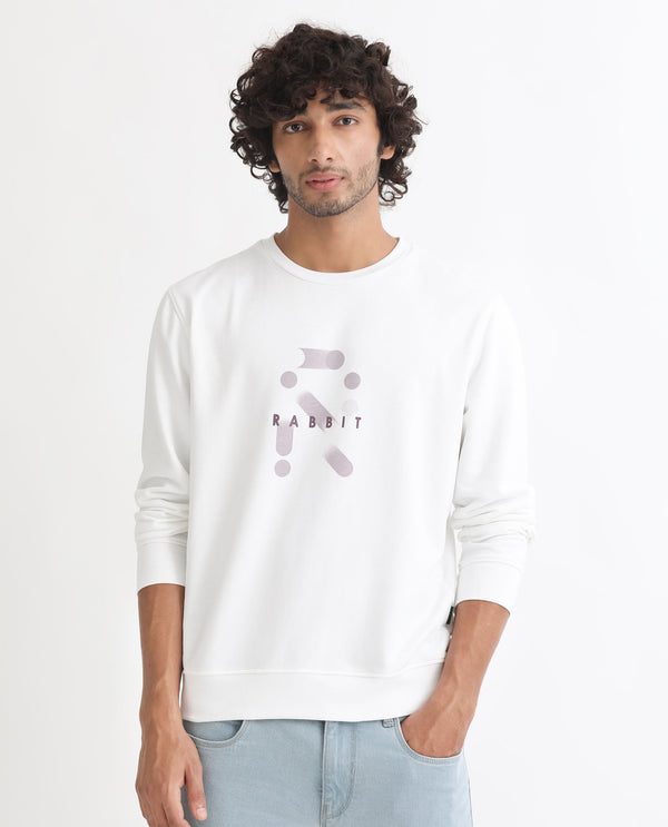 Rare Rabbit Men's Dunsto White Cotton Polyester Fabric Full Sleeves Graphic Print Knitted Sweatshirt