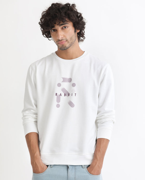 Rare Rabbit Men's Dunsto White Cotton Polyester Fabric Full Sleeves Graphic Print Knitted Sweatshirt