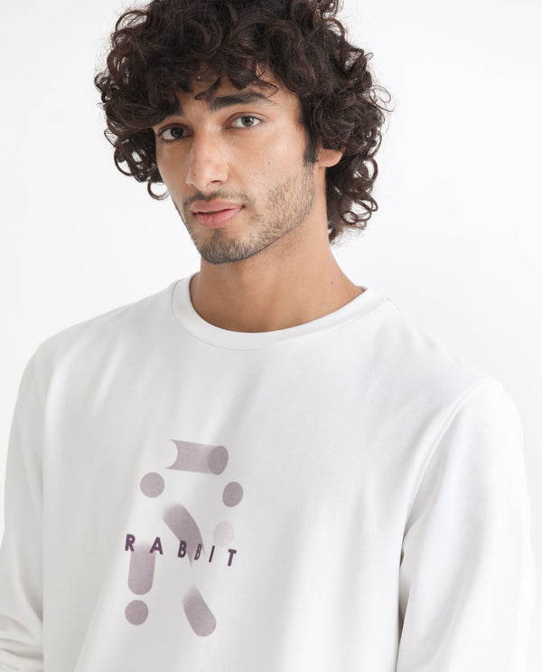 Rare Rabbit Men's Dunsto White Cotton Polyester Fabric Full Sleeves Graphic Print Knitted Sweatshirt