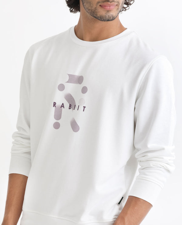 Rare Rabbit Men's Dunsto White Cotton Polyester Fabric Full Sleeves Graphic Print Knitted Sweatshirt