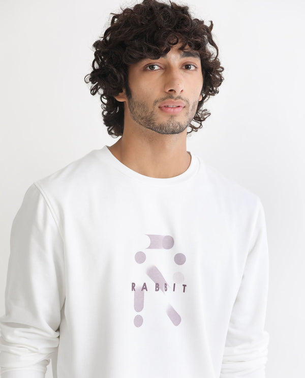 Rare Rabbit Men's Dunsto White Cotton Polyester Fabric Full Sleeves Graphic Print Knitted Sweatshirt