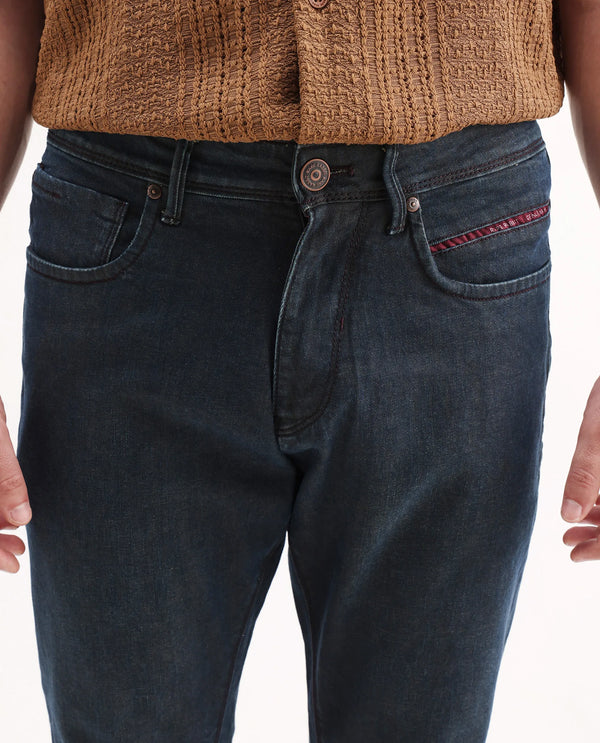 Rare Rabbit Men's Earth-2 Navy Dark Wash Mid-Rise Slim Fit Jeans
