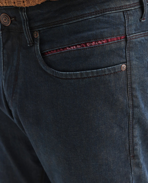 Rare Rabbit Men's Earth-2 Navy Dark Wash Mid-Rise Slim Fit Jeans