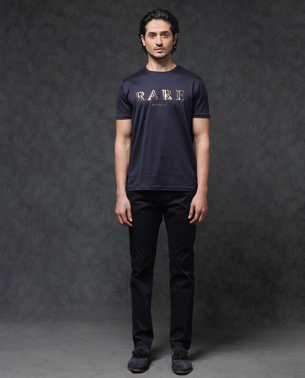 Rare Rabbit Mens Echon Navy  Mercerised Cotton Short Sleeve Graphic Print T-Shirt