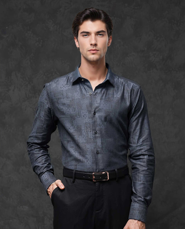 Rare Rabbit Mens Edgo Dusky Blue Cotton Fabric Full Sleeves Geometric Print Jacquard Shirt