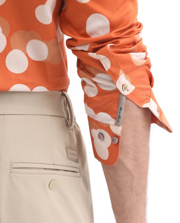 Rare Rabbit Men's Eldes Rust Cotton Modal Fabric Full Sleeves Polka Printed Shirt