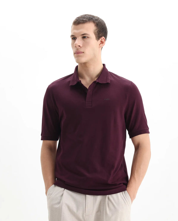 Rare Rabbit Men Elixir Maroon Cotton Lycra Fabric Short Sleeve Collared Neck Button Closure Plain Polo