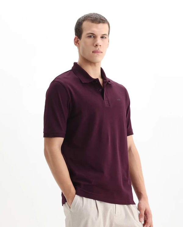 Rare Rabbit Men Elixir Maroon Cotton Lycra Fabric Short Sleeve Collared Neck Button Closure Plain Polo