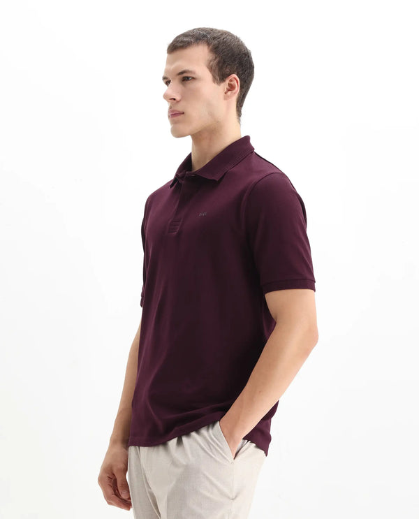 Rare Rabbit Men Elixir Maroon Cotton Lycra Fabric Short Sleeve Collared Neck Button Closure Plain Polo