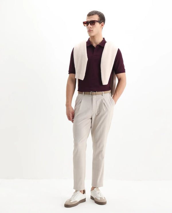Rare Rabbit Men Elixir Maroon Cotton Lycra Fabric Short Sleeve Collared Neck Button Closure Plain Polo