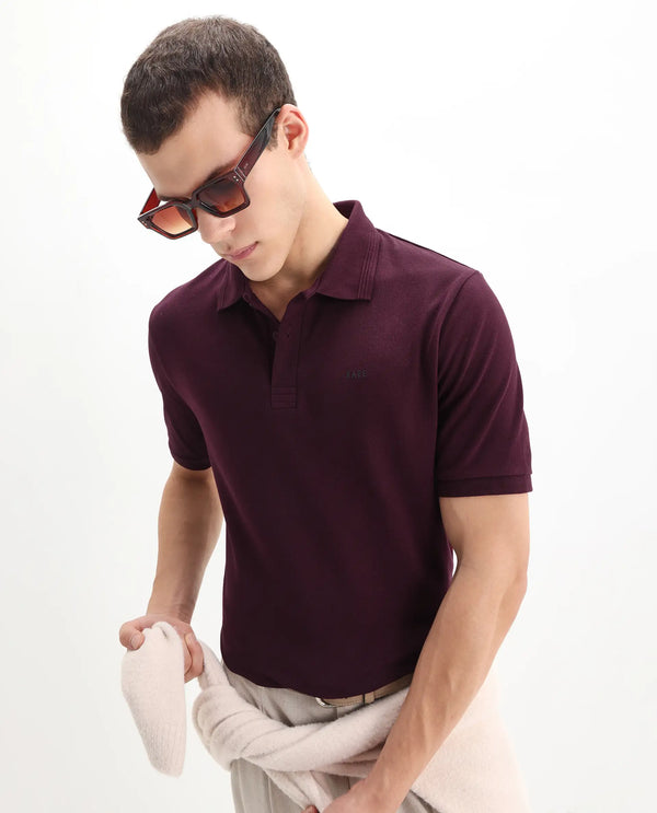 Rare Rabbit Men Elixir Maroon Cotton Lycra Fabric Short Sleeve Collared Neck Button Closure Plain Polo