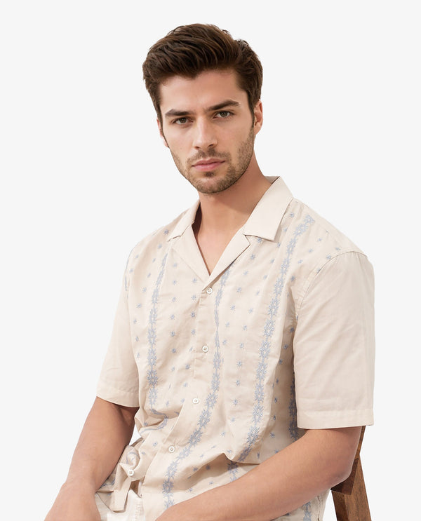 Rare Rabbit Men's Embomo Beige Short Sleeve Cuban Collar Boxy Fit Embroidered Shirt