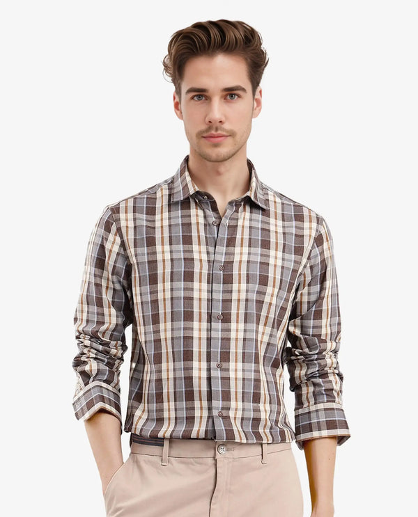 Rare Rabbit Men's Endel Brown Cotton Fabric Full Sleeve Regular Fit Checks Shirt
