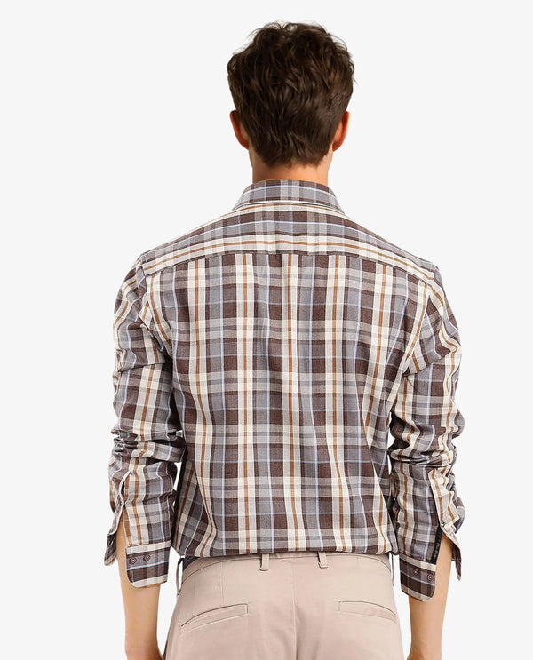 Rare Rabbit Men's Endel Brown Cotton Fabric Full Sleeve Regular Fit Checks Shirt