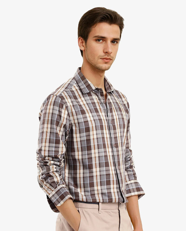 Rare Rabbit Men's Endel Brown Cotton Fabric Full Sleeve Regular Fit Checks Shirt