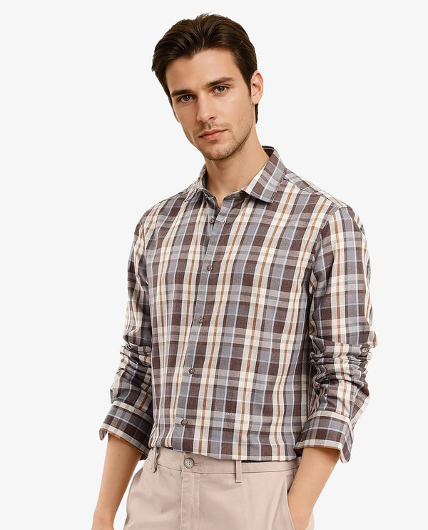 Rare Rabbit Men's Endel Brown Cotton Fabric Full Sleeve Regular Fit Checks Shirt
