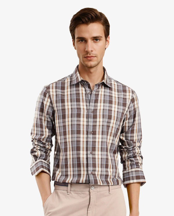 Rare Rabbit Men's Endel Brown Cotton Fabric Full Sleeve Regular Fit Checks Shirt