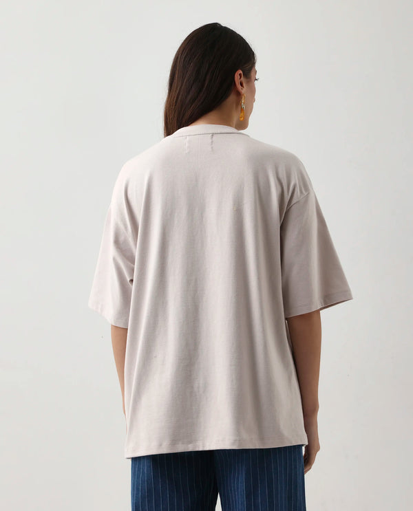 Rareism Women Enof Beige Pull On Closure Cotton Oversized Regular Graphic Print T-Shirt