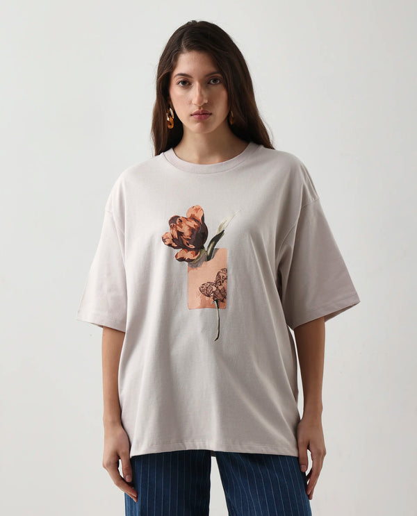 Rareism Women Enof Beige Pull On Closure Cotton Oversized Regular Graphic Print T-Shirt