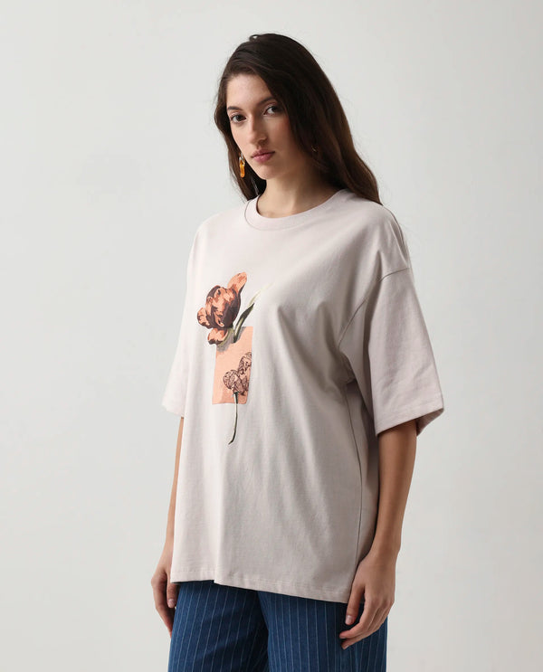 Rareism Women Enof Beige Pull On Closure Cotton Oversized Regular Graphic Print T-Shirt