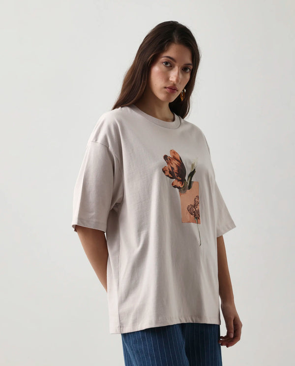 Rareism Women Enof Beige Pull On Closure Cotton Oversized Regular Graphic Print T-Shirt